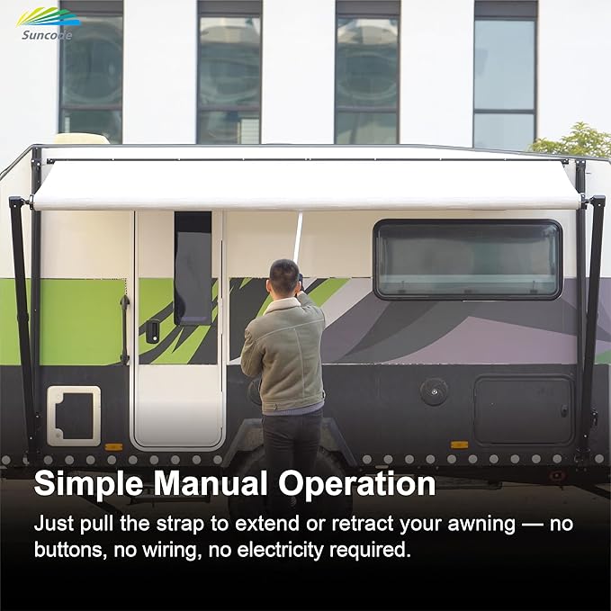 Suncode RV Awning for RVCamper&ampTravel Trailers–Manual RV Awning Complete KitManual Camper AwningRV Roll Out Awning– 16x8Ft – White Frame &ampBlue Fade