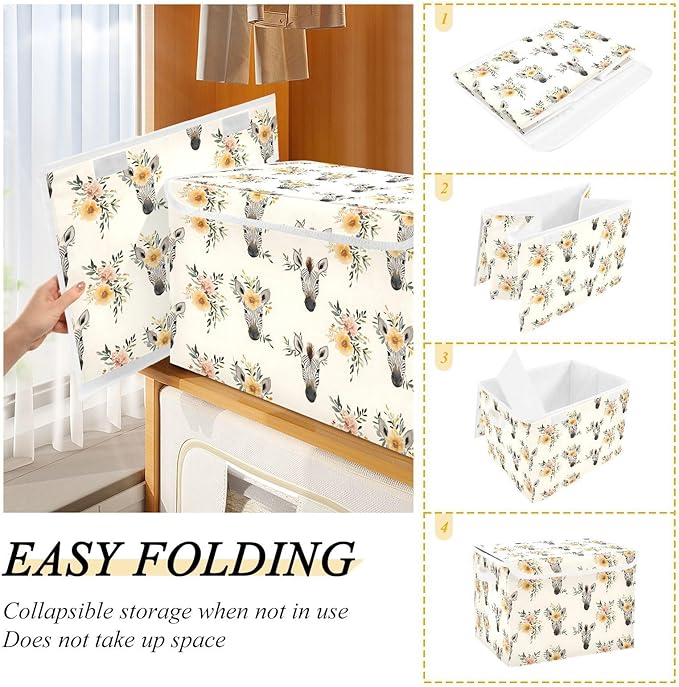 Storage Cube with Lid Zebra Flowers Print 16.5×12.6×11.8 IN 1 Pack Collapsible Large Capacity Foldable Storage Basket Bin Organizer