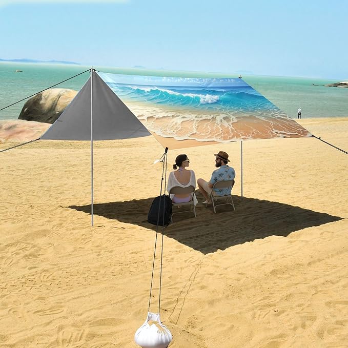 xigua Beach Beach Tent Sun Shelter with Carrying Bag - Silver Coated Oxford Fabric Beach Canopy for Beach Camping Fishing - Includes Windproof Ropes Sandbags &amp Stakes