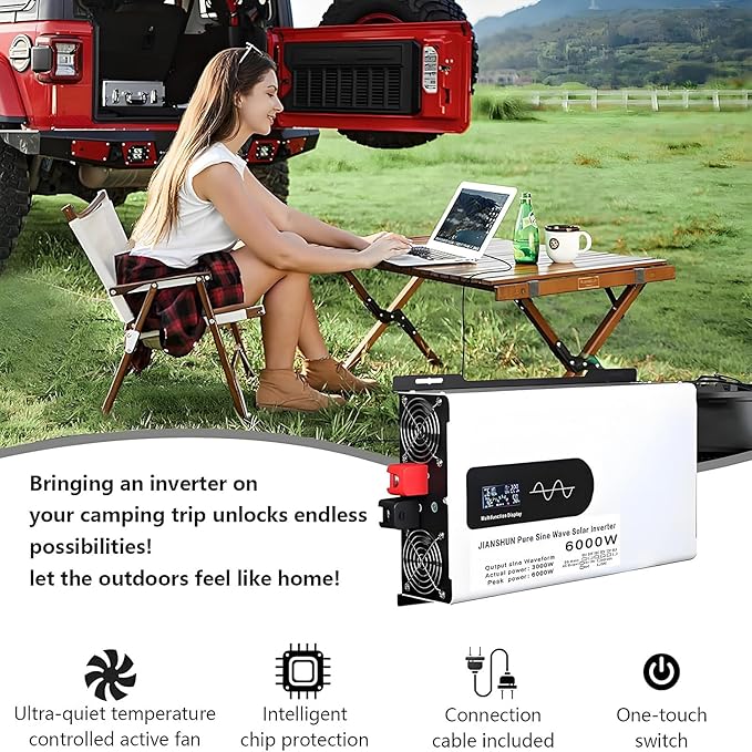 6000W Solar Hybrid Inverter 12V/24V/48V/60V/72V/96V DC to 110V/220V Pure Sine Wave Power Inverter With 2 AC Outlets LCD Display For Lead Acid/Lithium Batteries for Off-Gird/Home/Shed96V-220V