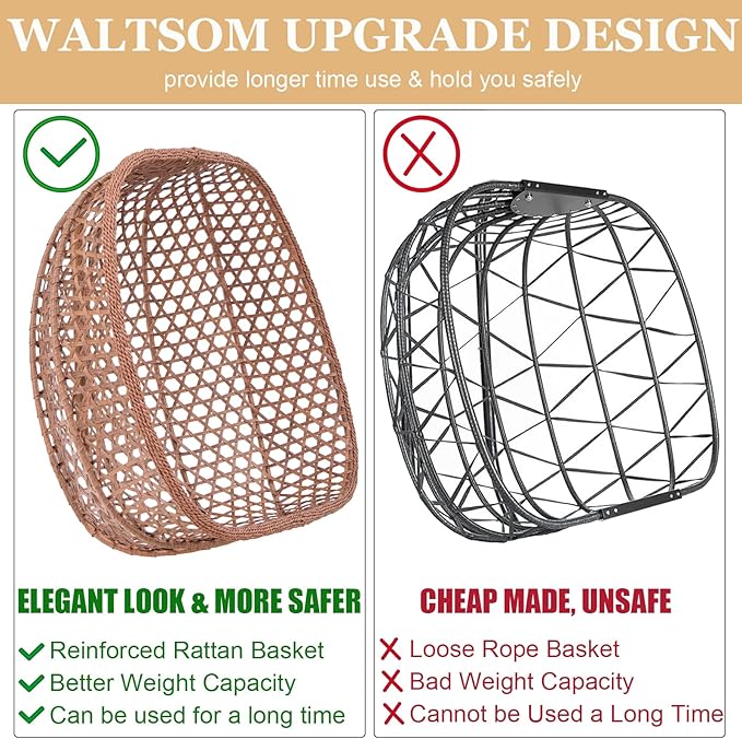Double Swing Egg Chair with Stand Hexagon Rattan Wicker Swing Chair Outdoor Large 2 Person Patio Hanging Chair with Foldable Loveseat Removable Cushions (Beige)
