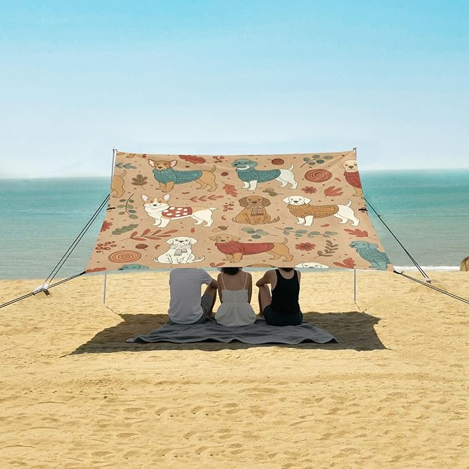 Beach Canopy with Windproof Ropes &amp Sandbags Beach Tent Sun Shade Sun Shelter for Camping Trips Fishing Backyard Fun or Picnics Dog