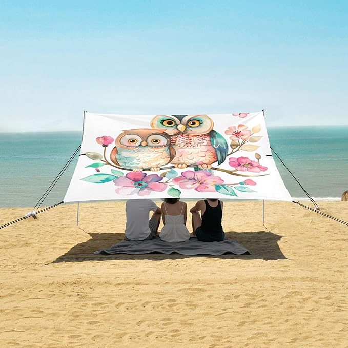 ALAZA Cute Owl Flowers Beach Tent Sun Shelter UPF50+ Protection Beach Shade Canopy w/ 4 Sandbags for Outdoor Camping Fishing Backyard Fun Picnic 10x9 ft