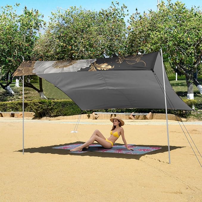 ALAZA Skull Gold Flowers Beach Tent Sun Shelter UPF50+ Protection Beach Shade Canopy w/ 4 Sandbags for Outdoor Camping Fishing Backyard Fun Picnic 10x9 ft