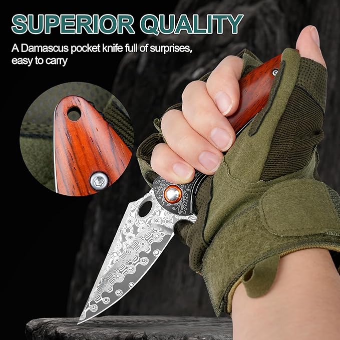 Zingbee Damascus Pocket Knife 3.27” Damascus Blade EDC Folding Knives with Guibourtia Wooden Handle Christmas Ideal for Utility Gift