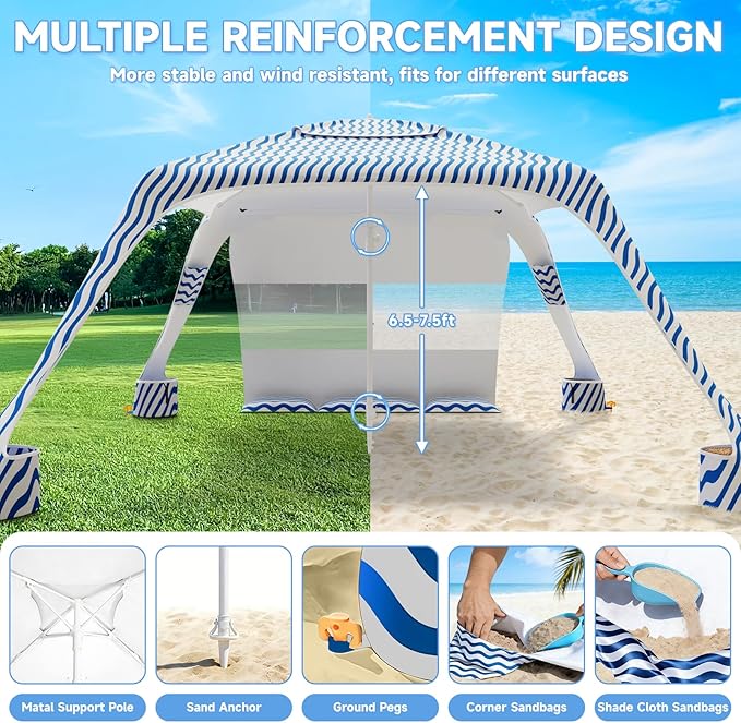 Beach Cabana 6.5'×6.5' Beach Canopy with UPF50+ Protection Beach Tent Sun Shelter Sun Umbrella with Removable Side Wall Portable Shade Sun Shelter for Beach Garden Camping (Wave Pattern)