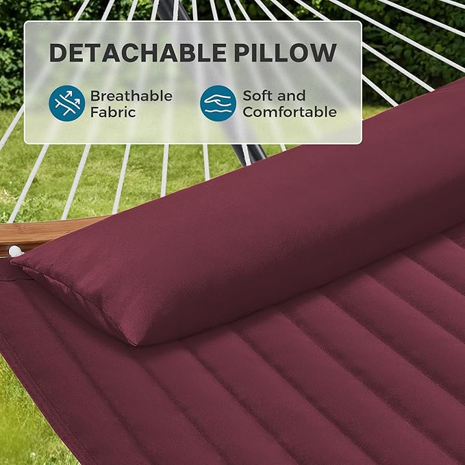 SUPERJARE Curved-Bar Hammock with Stand 2 Person Heavy Duty Hammock Frame Detachable Pillow &amp Portable Carrying Bag Perfect for Outdoor &amp Indoor Burgundy