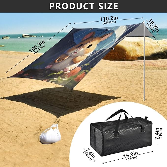 ALAZA Cute Hamster Beach Tent Sun Shelter UPF50+ Protection Beach Shade Canopy w/ 4 Sandbags for Outdoor Camping Fishing Backyard Fun Picnic 10x9 ft