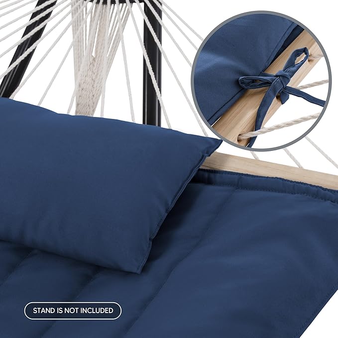 SUNCREAT Hammocks Outdoor Double Hammock with Hardwood Spreader Bar 475 lbs Capacity Heavy Duty 15 FT Hammock with Large Soft Pillow Dark Blue