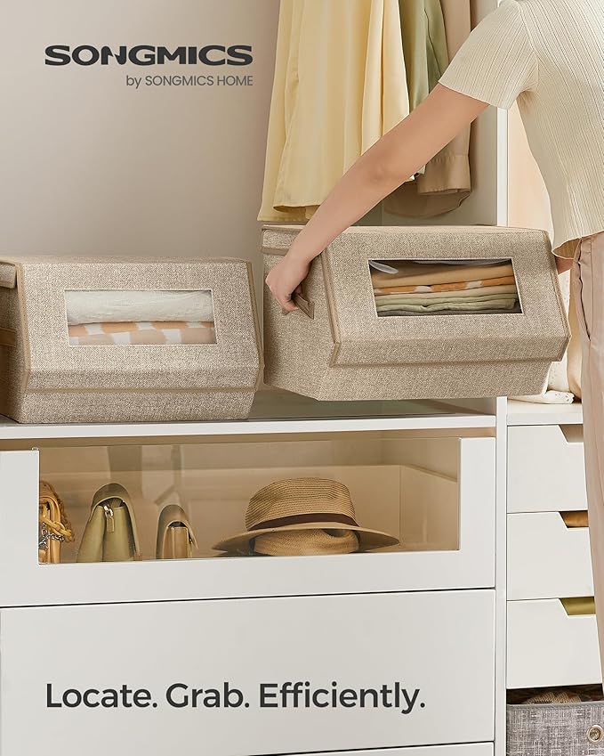 SONGMICS Stackable Storage Bins Set of 2 Storage Boxes with Lids and Front Windows Non-Woven Fabric Closet Organizers with Magnetic Closures Side Handles Sand Beige URLB002Y01