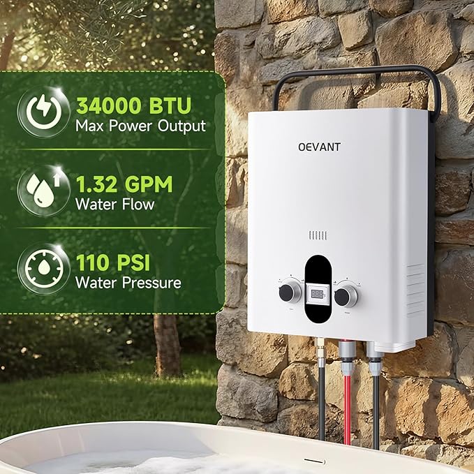 Propane Water Heater 1.32 GPM 5L Portable Tankless Water Heater with Overheating Protection Upgrade Screw-free Back Shell Instant Hot Water for RV Camping Outdoor Shower (WHITE)
