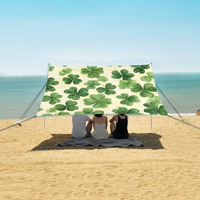 St Patrick Clovers Green Beach Tent Sun Shelter Set UPF50+ UV Protection 10.5 x 9.19 FT Camping Shade Canopy with Sandbags Sand Anchors Carrying Bag and Others