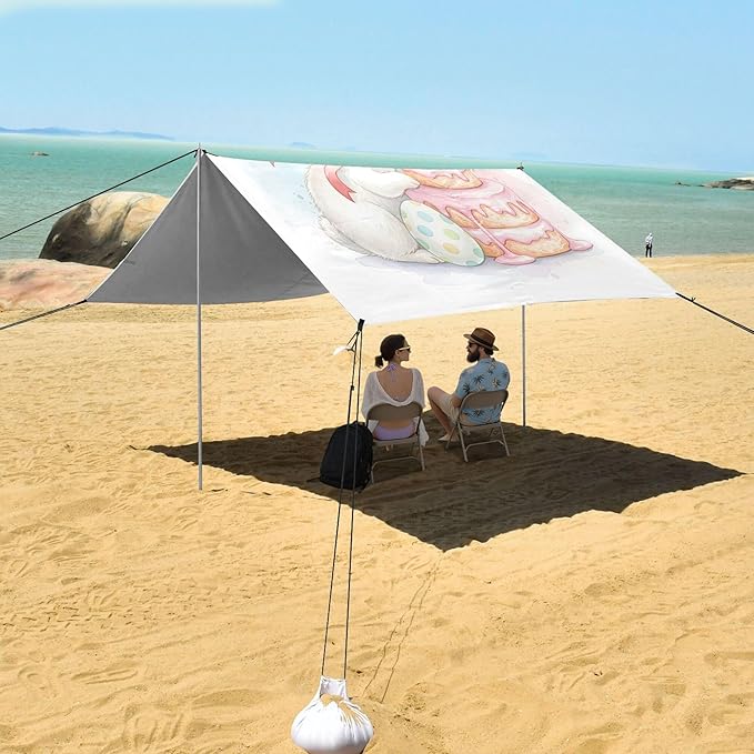 Easter Bunny Beach Canopy Sun Shelter with Sandbags &amp Sand Shovel &amp Windproof Ropes - Portable 110x126 Beach Shade Beach Tent for Camping Picnics