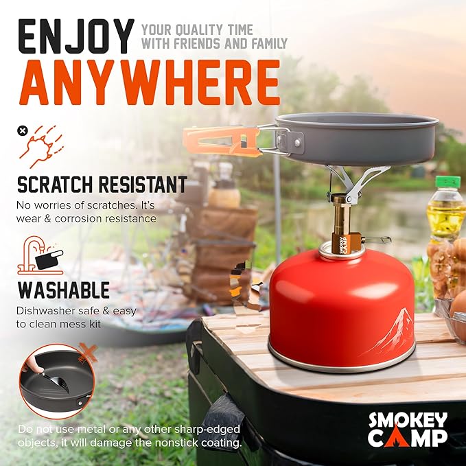 Smokey Camp Camping Cookware Mess Kit Set with Stove - Backpacking Camping Pots and Pans Set All in One Non-Stick Camping Cooking Set Portable Stove Hiking Picnic Outdoor &amp Camping Cookware S
