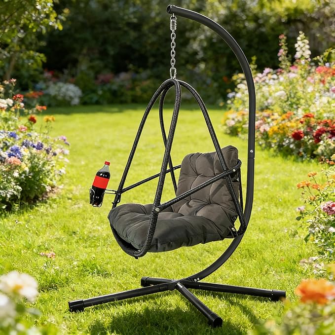 JESE Swing Egg Chair with Stand - UV Resistant &amp Waterproof Cushion Included with Cup Holder - Indoor/Outdoor Hanging Hammock Chair Suitable for Patio Bedroom Balcony Garden (Black)