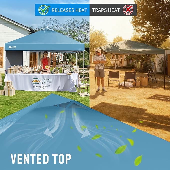 CROWN SHADES 10x10 Pop Up Canopy with 1 Side Wall - Beach Tent with One Push Setup - Outdoor Sun Shade for Events Parties Camping - Gazebo with STO-N-Go Cover Bag (Cyan Blue)