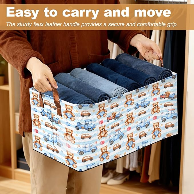32L Large Storage Bins with Handles Basket Organizer for Shelves Closet Books Laundry &amp Home Decor (Cute Bear Car)