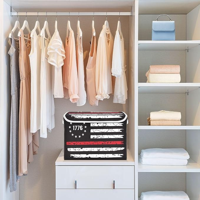 1776 Distressed American Flag Usa Black Storage Boxes with Lids Foldable Clothing Storage Large Stackable Storage for