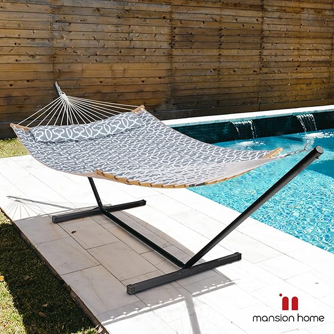 Double Hammock with Stand Included Portable Hammock with Curved Spreader Bar Pillow and Carrying Bag 450 Lbs Capacity Grey Pattern