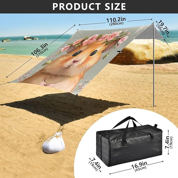 ALAZA Cute Hamster Garland Flower Beach Tent Sun Shelter UPF50+ Protection Beach Shade Canopy w/ 4 Sandbags for Outdoor Camping Fishing Backyard Fun Picnic 10x9 ft