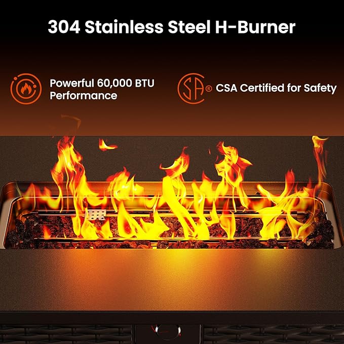 AMADA HOMEFURNISHING 43 Inch Propane Fire Pit Table 60000 BTU Gas Fire Pit with Lava Rocks Waterproof Cover Removable Lid Cup Holders 2-in-1 Fire Table for Patio Backyard Garden Black