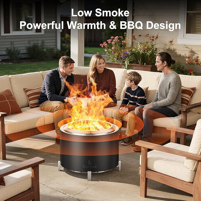27 inch Stainless Steel Smokeless Fire Pit Outdoor Smokeless Firepit Wood Burning Fire Pits for Camping Bonfire Low Smoke Firepit for Outside (Vertical Hole)
