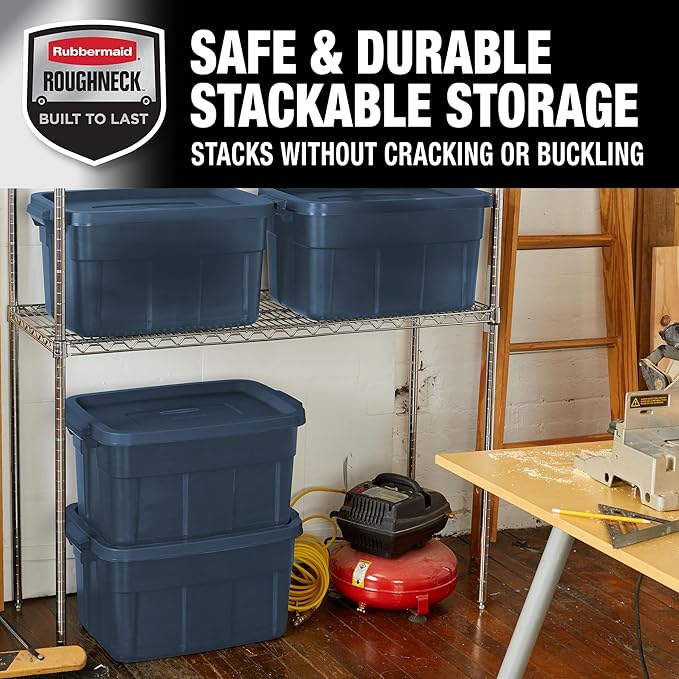 Rubbermaid Roughneck Tote 14 Gal 6 Pack Made in USA Dark Indigo Metallic Rugged Plastic Stackable Storage Bins with Lids and Handles