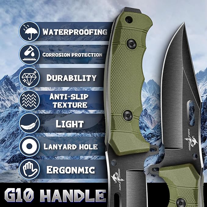 Purple Dragon Fixed Blade Knife with Kydex Sheath Green Ergonomic G10 Handle Gifts for Men