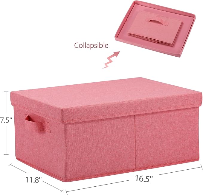 HOONEX Linen Foldable Storage Bins with Lids 2 Pack Storage Boxes with Carrying Handles and Sturdy Heavy Cardboard 16.5 L x 11.8 W x 7.5 H for Shoes Books Clothes Nursery Pink