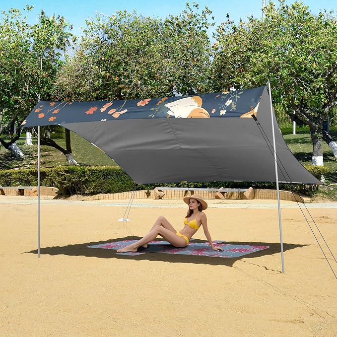 ALAZA Corgis Poses Flower Pattern Beach Tent Sun Shelter Portable Canopy Sunshade for Outdoor Camping Picnics Backyard Fun 10x9 ft