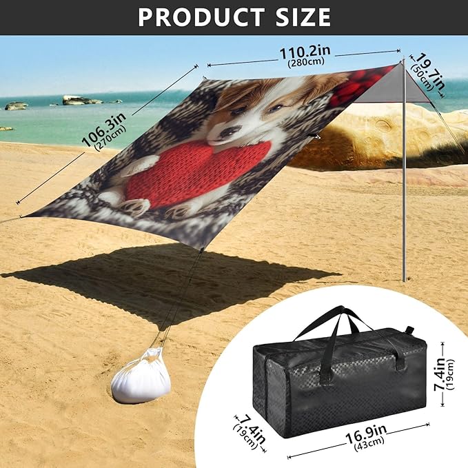 ALAZA Cute Puppy Dog with Heart Beach Tent Sun Shelter Portable Canopy Sunshade for Outdoor Camping Picnics Backyard Fun 10x9 ft