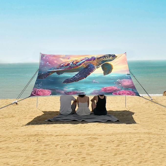 ALAZA Sea Turtle Butterflies Roses Beach Tent Sun Shelter UPF50+ Protection Beach Shade Canopy w/ 4 Sandbags for Outdoor Camping Fishing Backyard Fun Picnic 10x9 ft