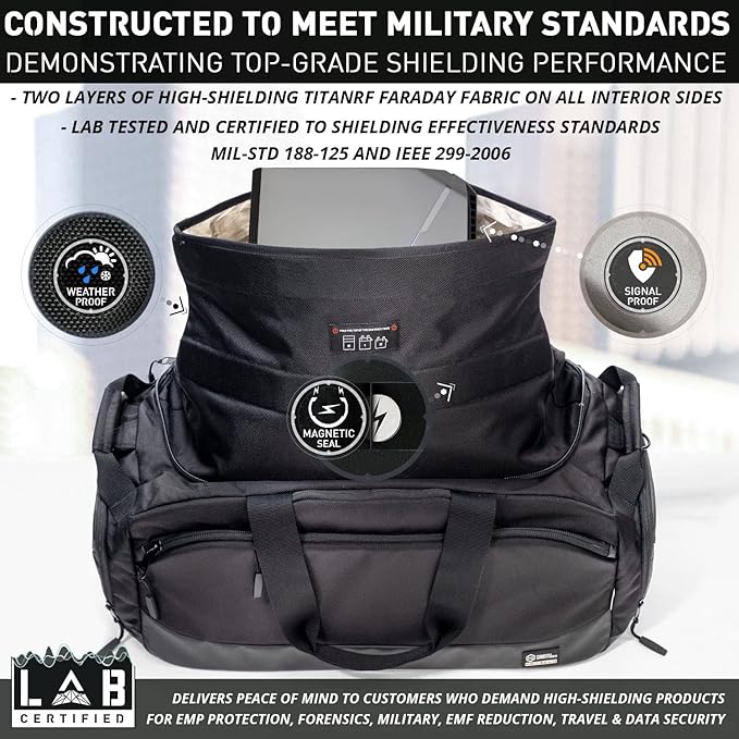 Mission Darkness Disconnect Faraday Duffel Bag + 4 Detachable Faraday Pockets // Military-Grade RF Shielding for Large Electronics &amp Mobile Devices // Travel Protection Signal Isolation Data Priva