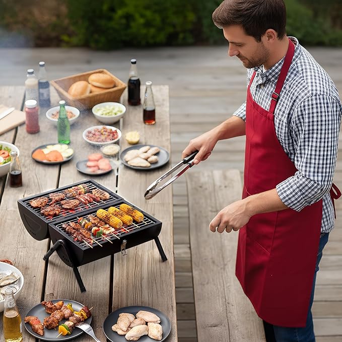 Outvita Portable Charcoal Grill with Thermometer Dual-Sided Small Tabletop Barbecue Grill for Outdoor Camping BBQ Cooking Backyard Party Heavy Duty Easy Assembly (Black)