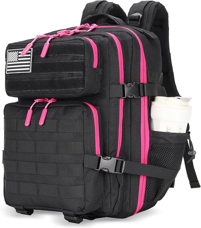 Lovelinks21 25L Tactical Military Backpack Small Travel Backpack for Men and Women Assault Pack Bug Out Bag Molle Daypack Gym Backpack with Bottle Holder (Black Neon Pink)