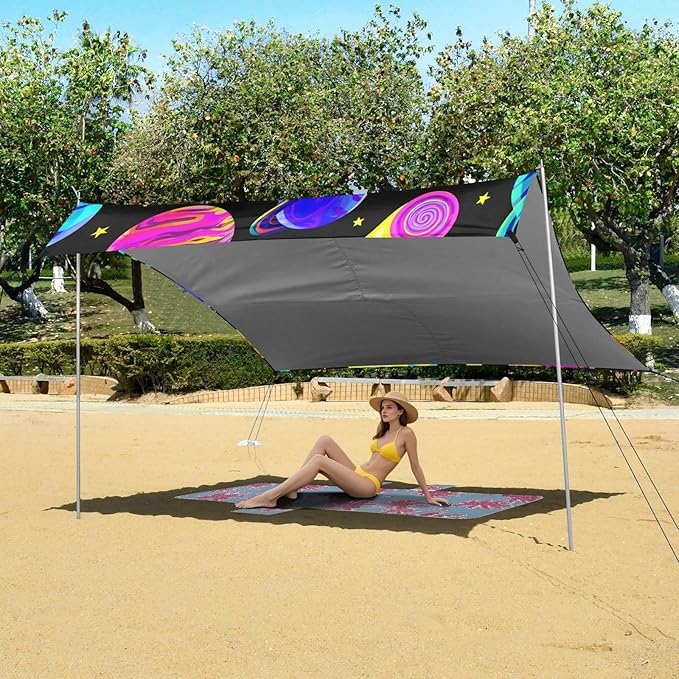Beach Canopy with Windproof Ropes &amp Sandbags Beach Tent Sun Shade Sun Shelter for Camping Trips Fishing Backyard Fun or Picnics Planet