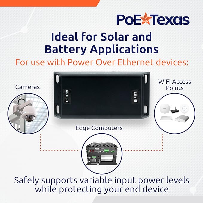 PoE Texas DC-Powered PoE+ (30 watt) Gigabit Inline Injector Converts 12-60V in to 50 Volt IEEE 802.3at PoE+ Out - Variable DC PoE Injector for Solar &amp Battery Powered Installations WiFi &amp Mor