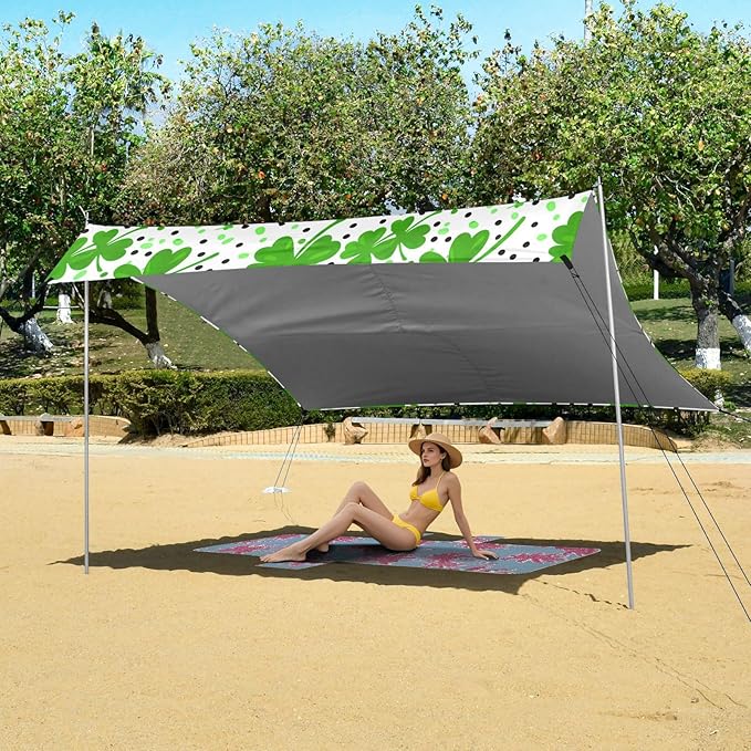 Beach Canopy with Windproof Ropes &amp Sandbags Beach Tent Sun Shade Sun Shelter for Camping Trips Fishing Backyard Fun or Picnics St. Patrick's Day Clover