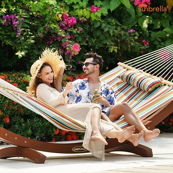 Lazy Daze Hammocks 12 FT Sunbrella Fabric Hammock not Fading with Spreader Bars and Free Pillow Fits for 2 Persons All Weather and Fade Resistant for Patio Yard 450 lbs Capacity Carousel Confetti