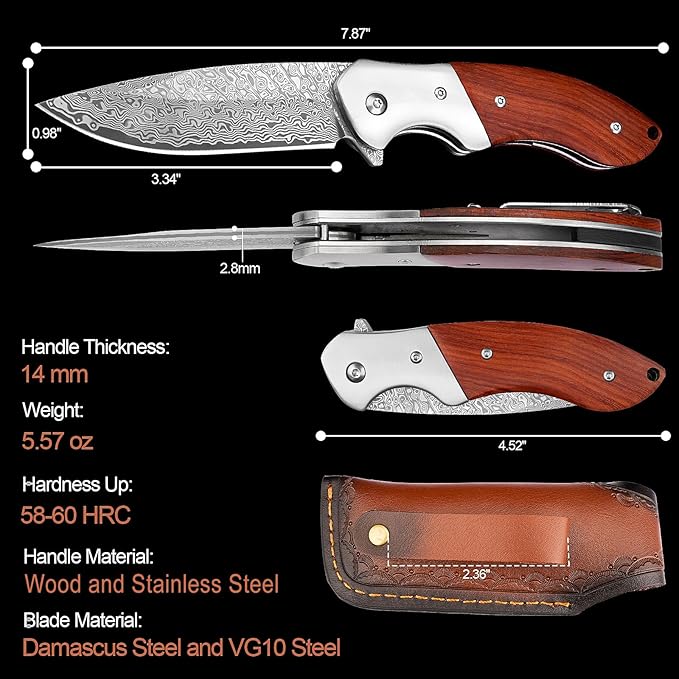 KOMWERO Damascus Pocket Knife Sharp Damascus Steel Knife with Core VG10 Steel Blade Wood Handle Folding Knife with Clip for Men Hunting 60 HRC