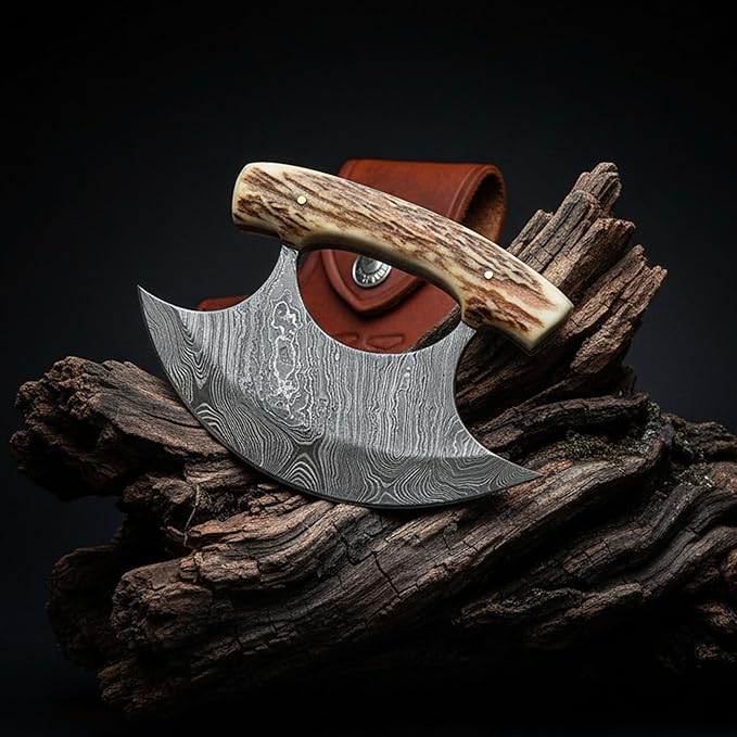 SANZ Damascus ULU Hunting Knife 5.5 Inch - Alaskan Camping Knife with Stag Handle Damascus Blade &amp Sheath - Outdoor Knife for Hunting Camping &amp Outdoor uses