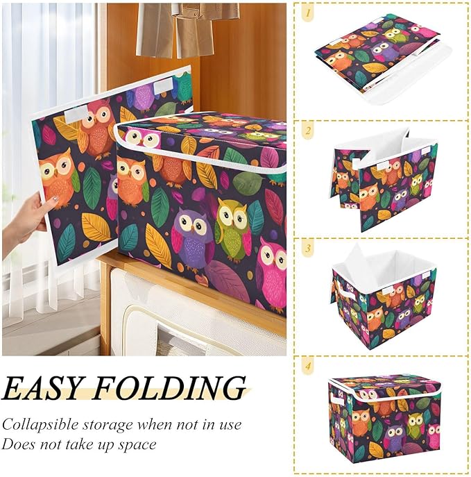 Storage Bins with Lids Storage Containers Box Organizer Bin Basket with Handles for Closet Shelves Clothes Stackable Foldable Decorative Black Owl and Leaves
