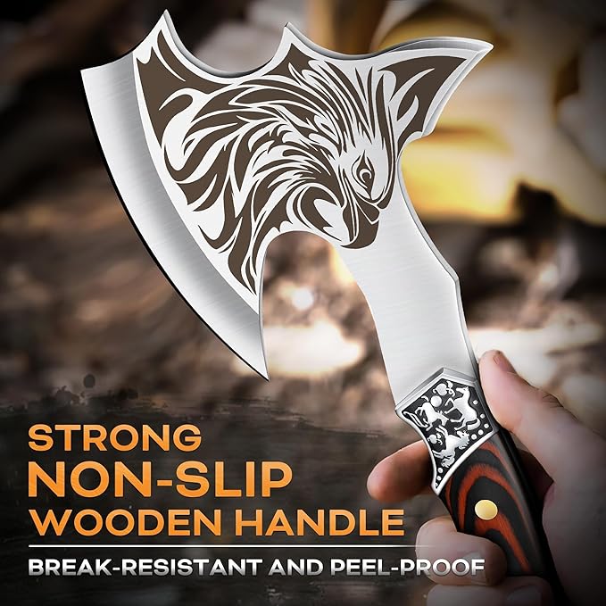TIVOLI Camping Axe Eagle - Patterned Survival Hatchet with Nylon Sheath High Carbon Steel Blade Compact Outdoor Bushcraft Axe with Ergonomic Wood Grip Camping Gear for Hiking Chopping Hunting