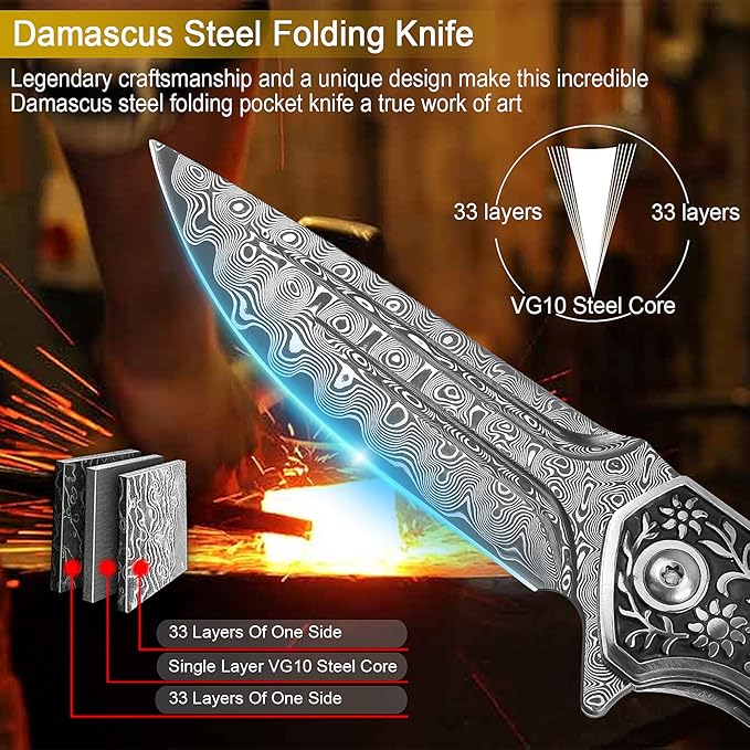KOMWERO Damascus Pocket Knife VG10 Damascus Steel Folding Knife with Wood Handle Leather Sheath Liner Lock EDC Knife for Outdoor Survival Hunting Collection