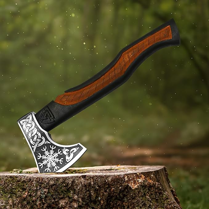 Custom Gift Forged Carbon Steel Viking Style Axe Bearded Axe with Rose Wood Shaft Tomahawk - Real Hatchet Best Gift for Anniversary Valentine's Day Birthday Premium Leather Sheath