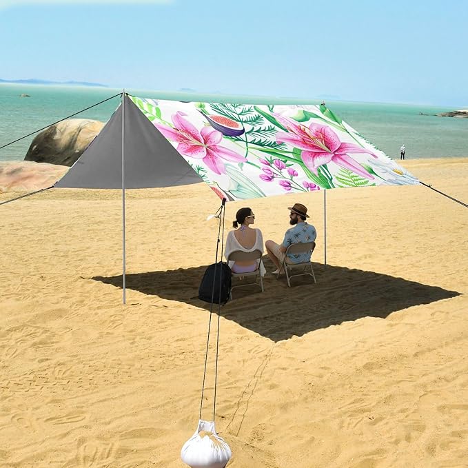 Beach Canopy with Windproof Ropes &amp Sandbags Beach Tent Sun Shade Sun Shelter for Camping Trips Fishing Backyard Fun or Picnics Watercolor Flower