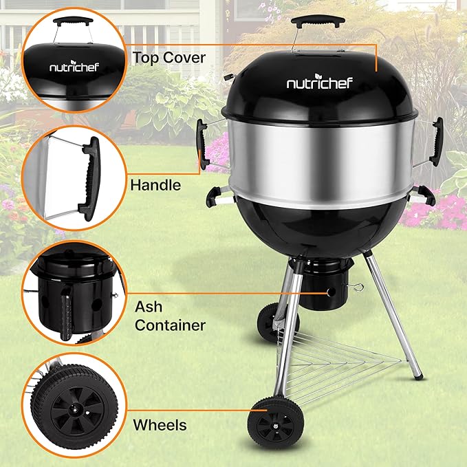NutriChef Portable Outdoor Charcoal BBQ Grill Barbecue Grills Perfect for Picnic Backyard Patio Camping Offset Smoker with Cover