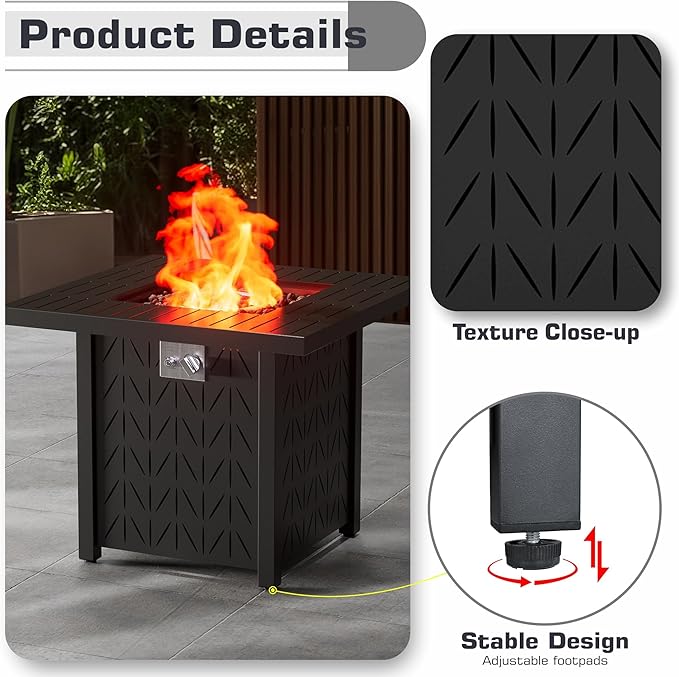 28'' Propane Fire Pit Table 2 in 1 Rectangular Outdoor Fireplace Outside Patio Deck and Garden Gas Fire Pit Table with Lid and Stone 50000 BTU Adjustable Flame
