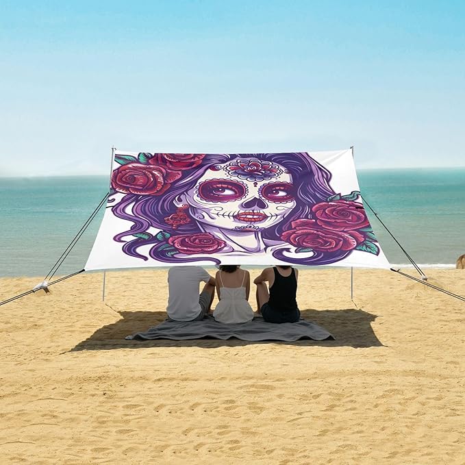ALAZA Sugar Skull Girl with Roses Day of The Dead Beach Tent Sun Shelter Portable Canopy Sunshade for Outdoor Camping Picnics Backyard Fun 10x9 ft