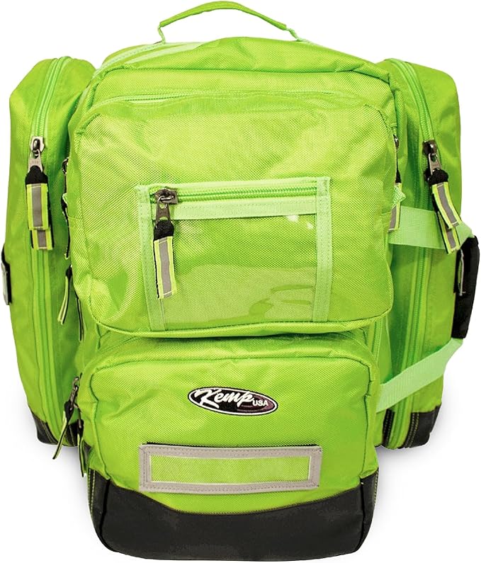 Kemp USA Ultimate EMS Backpack EMT Emergency Medical Bag Fits BLS ALS Gear and D Tank Oxygen Cylinder 1680D Nylon Multiple Grab Points Chest Waist Straps Color Coded Pouches Neon Green
